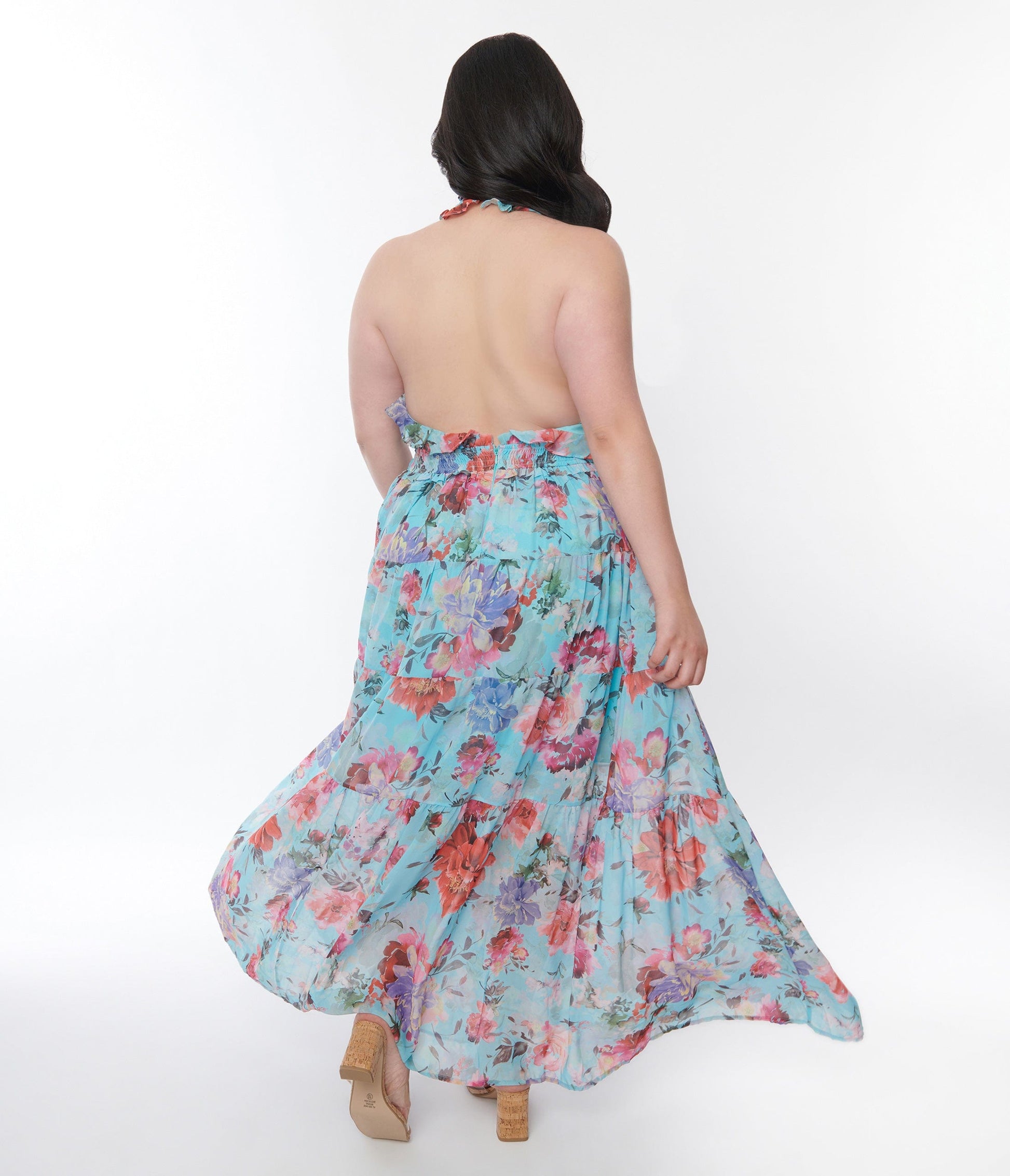 Plus Size Sky Blue Floral Ruffled Halter Maxi Dress