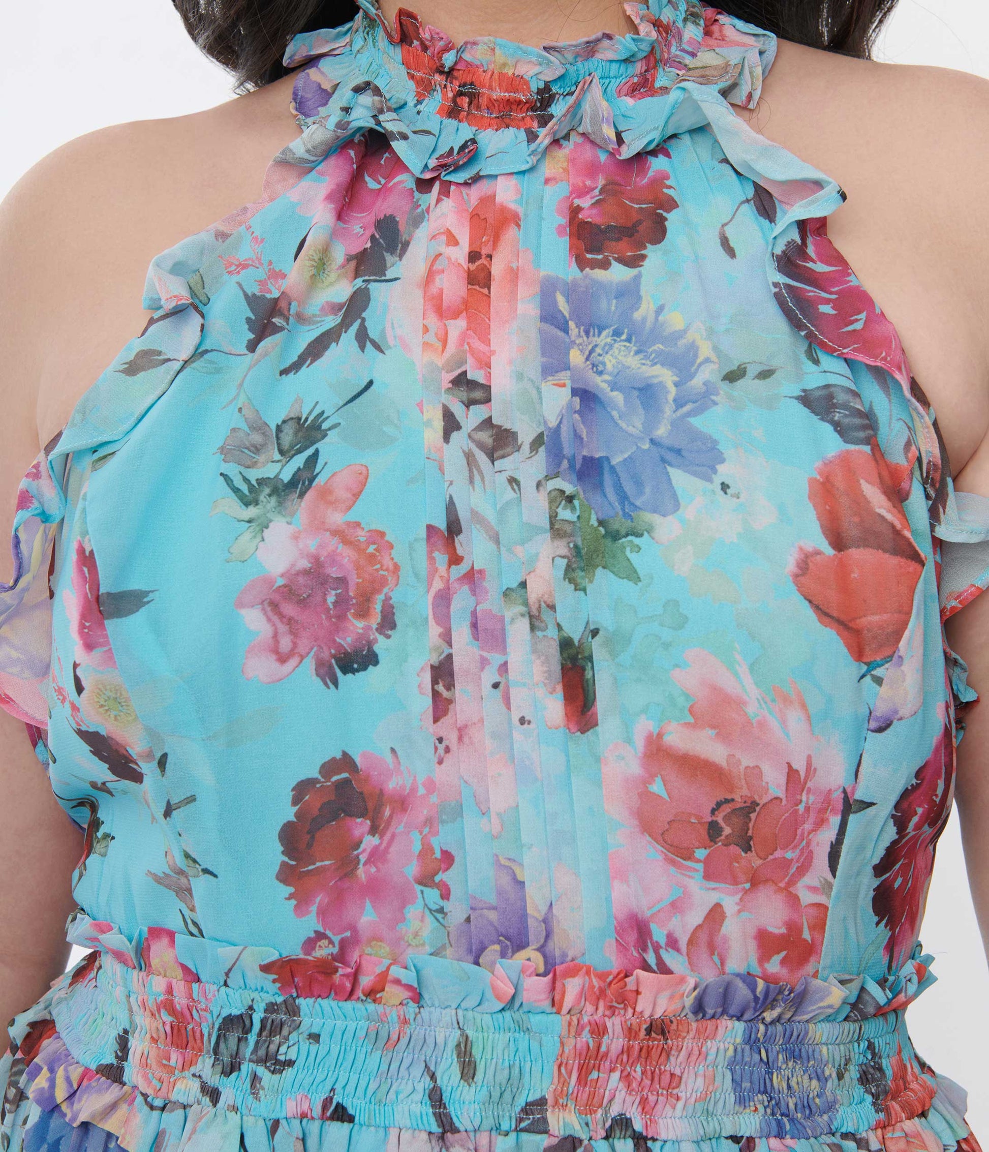 Plus Size Sky Blue Floral Ruffled Halter Maxi Dress