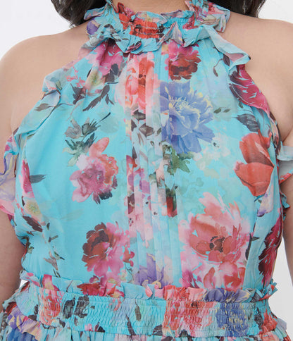 Plus Size Sky Blue Floral Ruffled Halter Maxi Dress