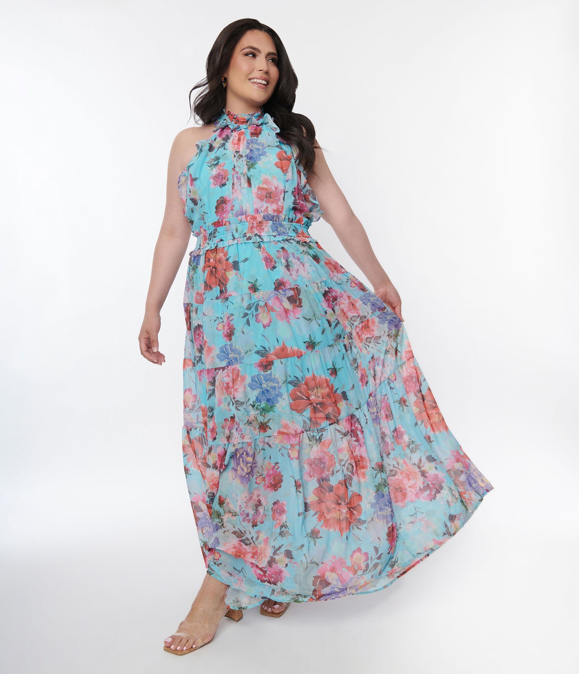 Plus Size Sky Blue Floral Ruffled Halter Maxi Dress