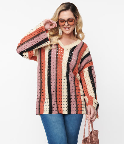 Oversized Cream Multicolor Striped Hole Knit Sweater