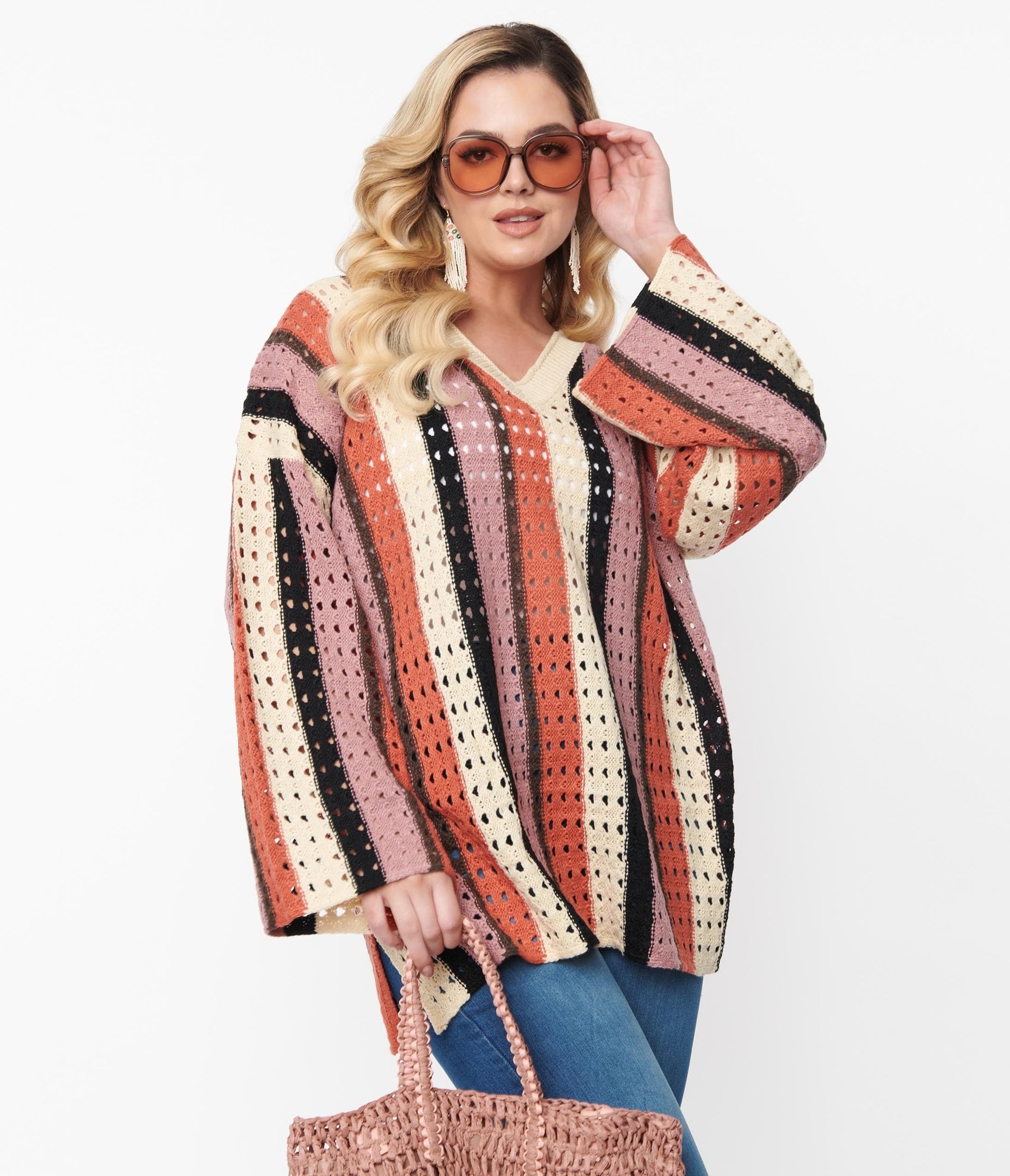 Oversized Cream Multicolor Striped Hole Knit Sweater