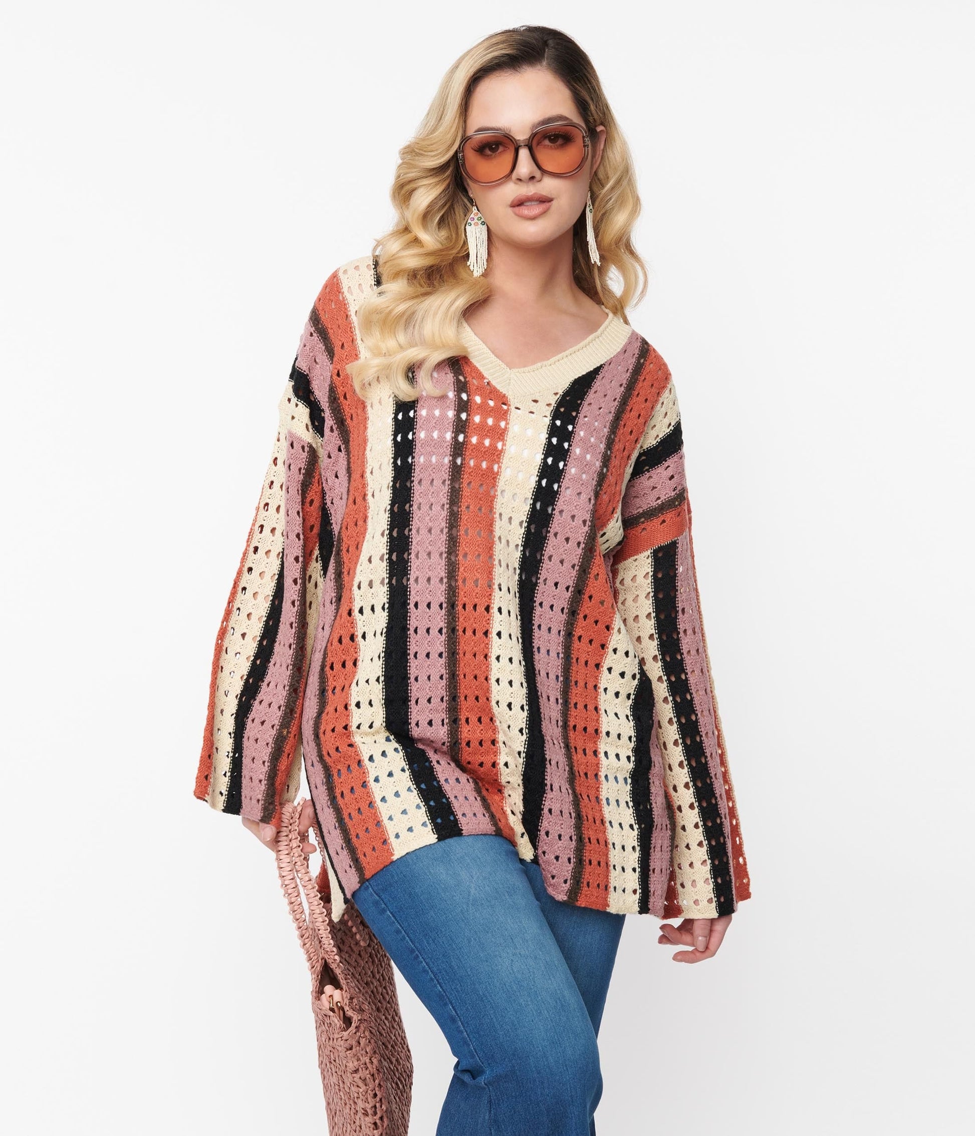 Oversized Cream Multicolor Striped Hole Knit Sweater