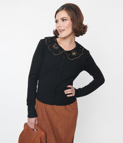 Voodoo Vixen Black Moon Phases Embroidered Cardigan