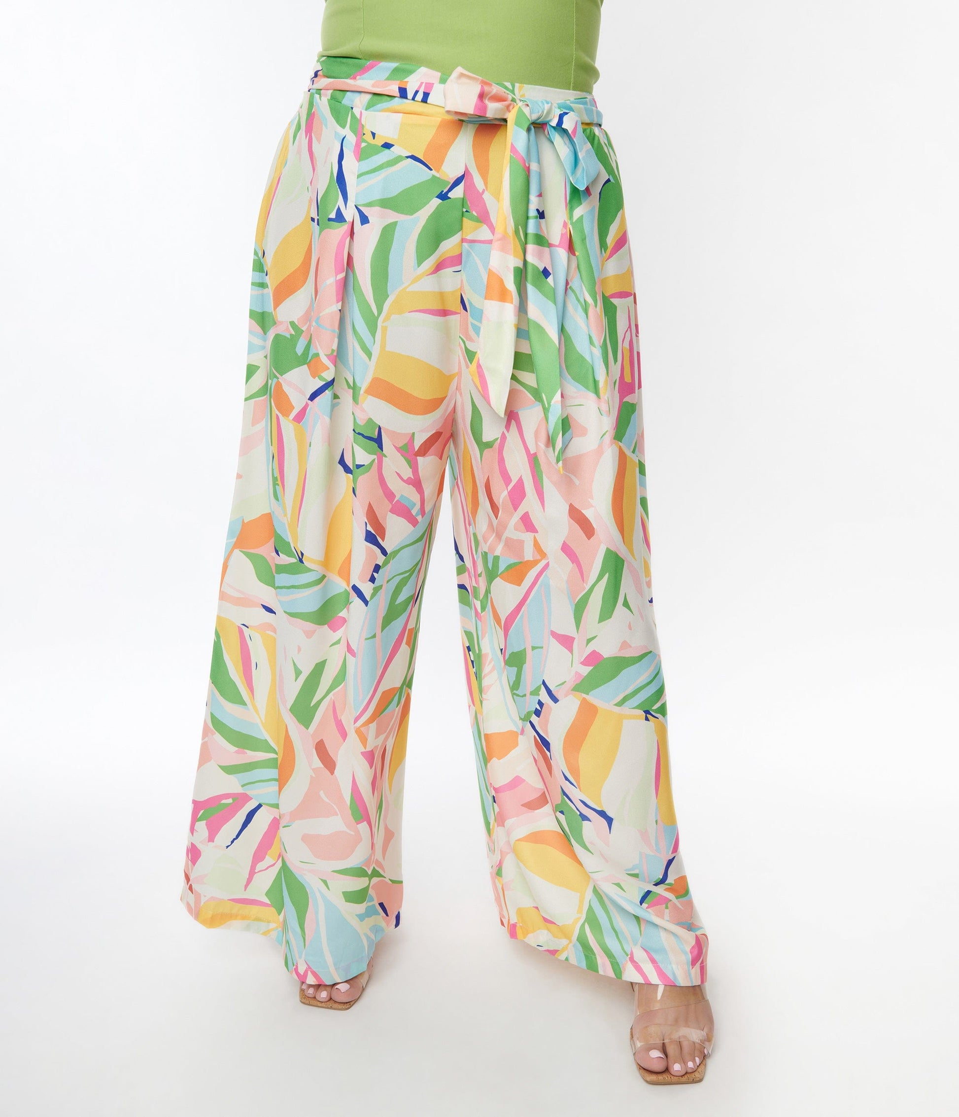 Plus Size White & Multicolor Leaves Flare Pants