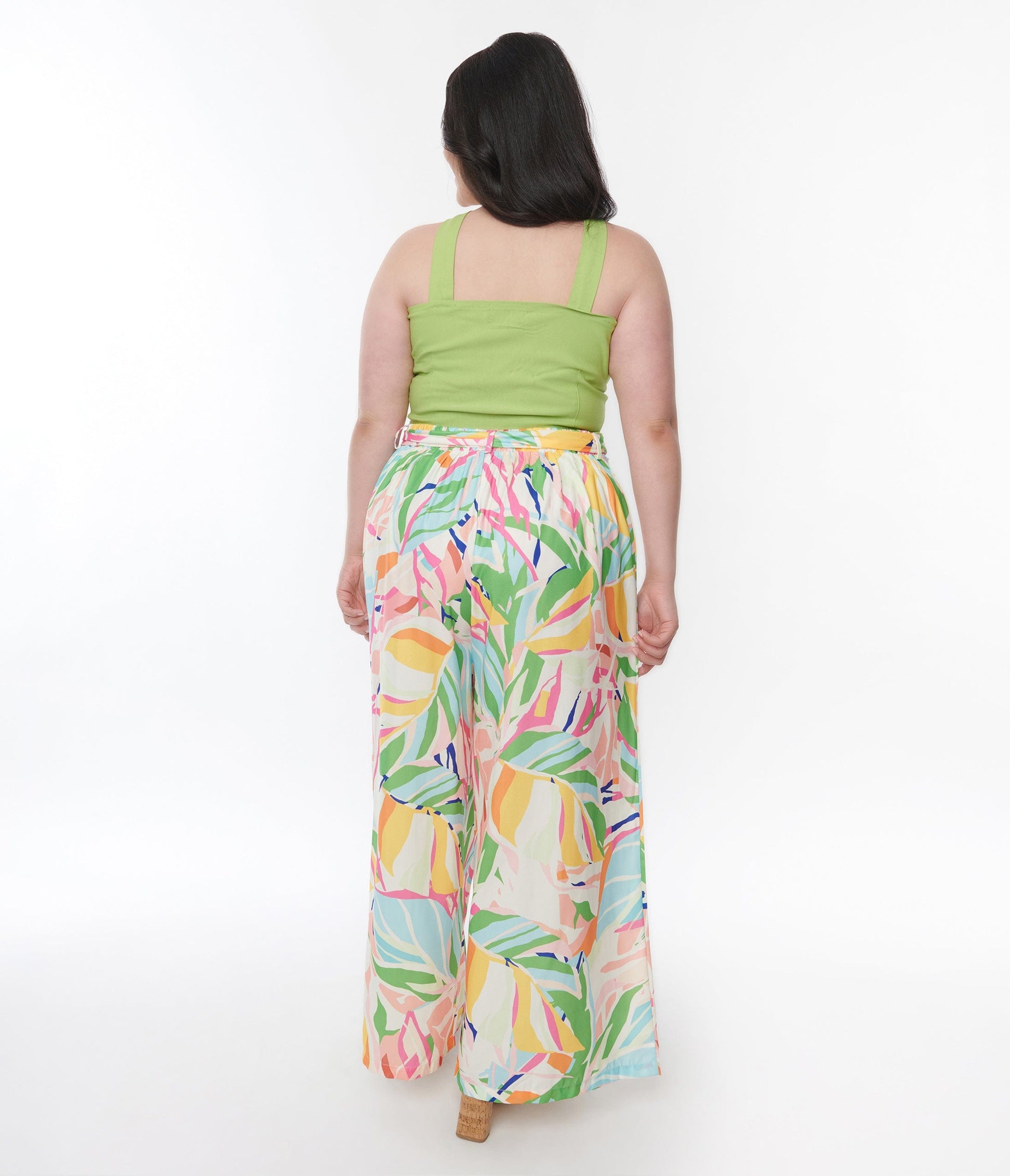Plus Size White & Multicolor Leaves Flare Pants