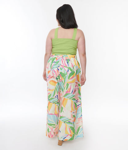 Plus Size White & Multicolor Leaves Flare Pants