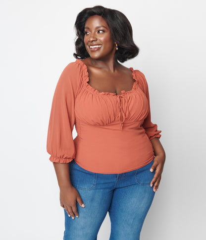 Plus Size Rust Orange Ruffle Top - Unique Vintage - Womens, TOPS, WOVEN TOPS