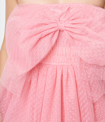 Pink Dotted Mesh Big Bow Babydoll Dress