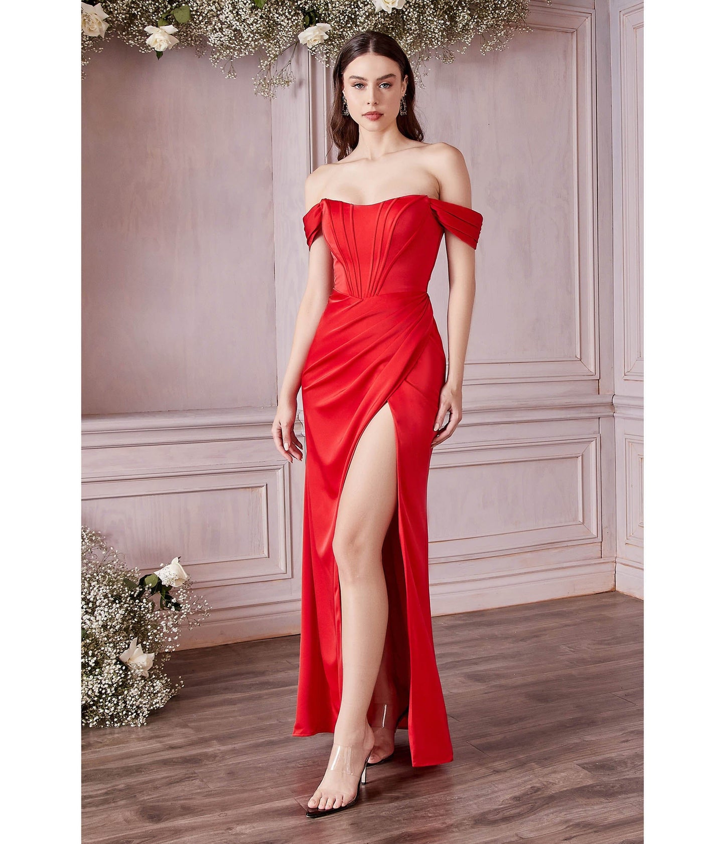 Red Divine Satin Corset Off-Shoulder Prom Dress