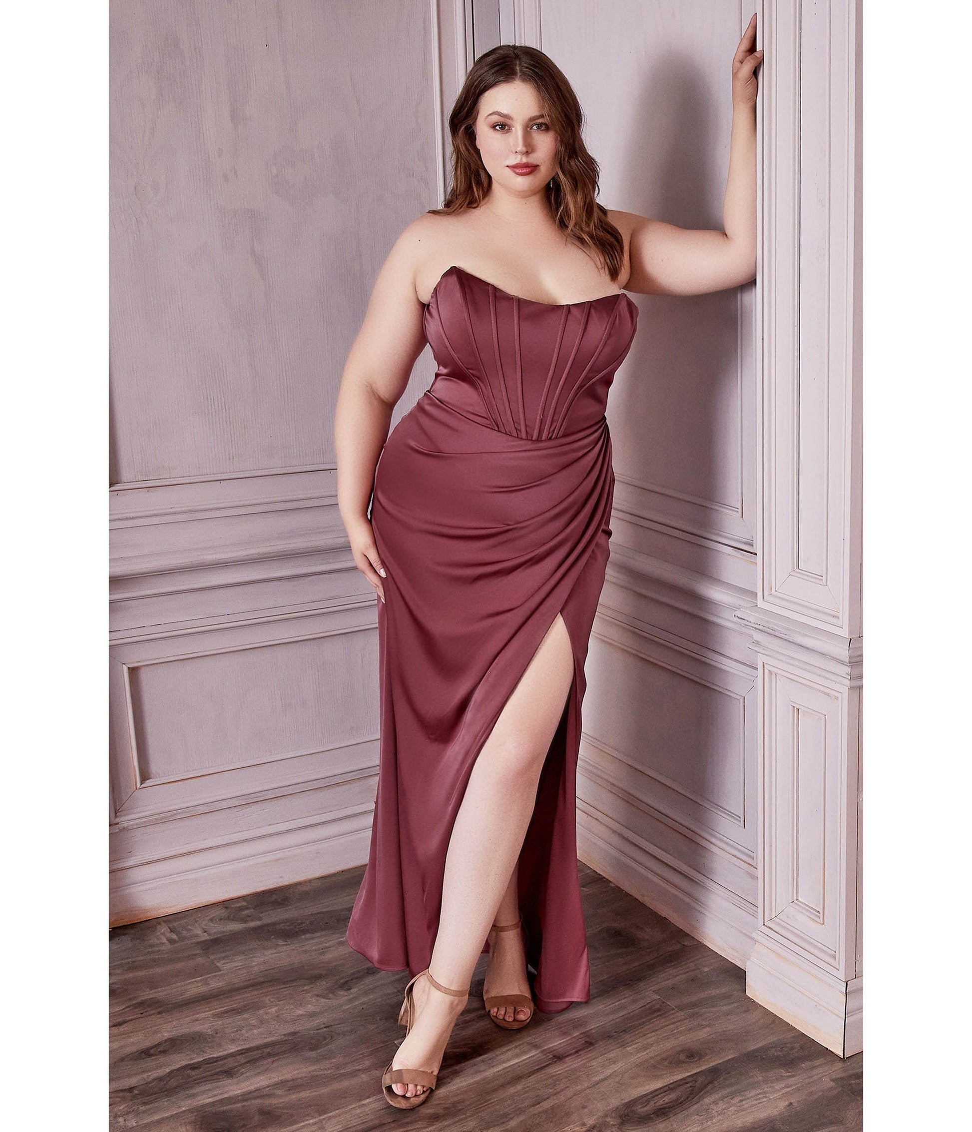 Plus Size Rosewood Divine Satin Corset Off-Shoulder Prom Dress