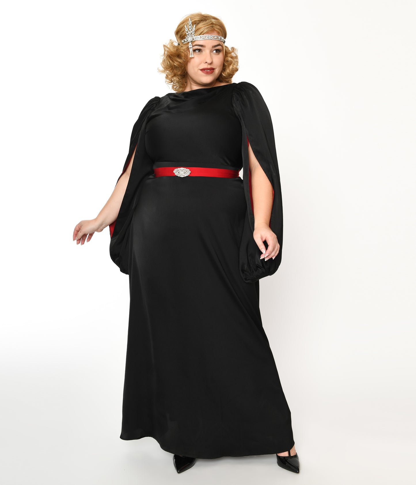 The Great Gatsby x Unique Vintage Plus Size Black Satin & Red Contrast Evening Gown