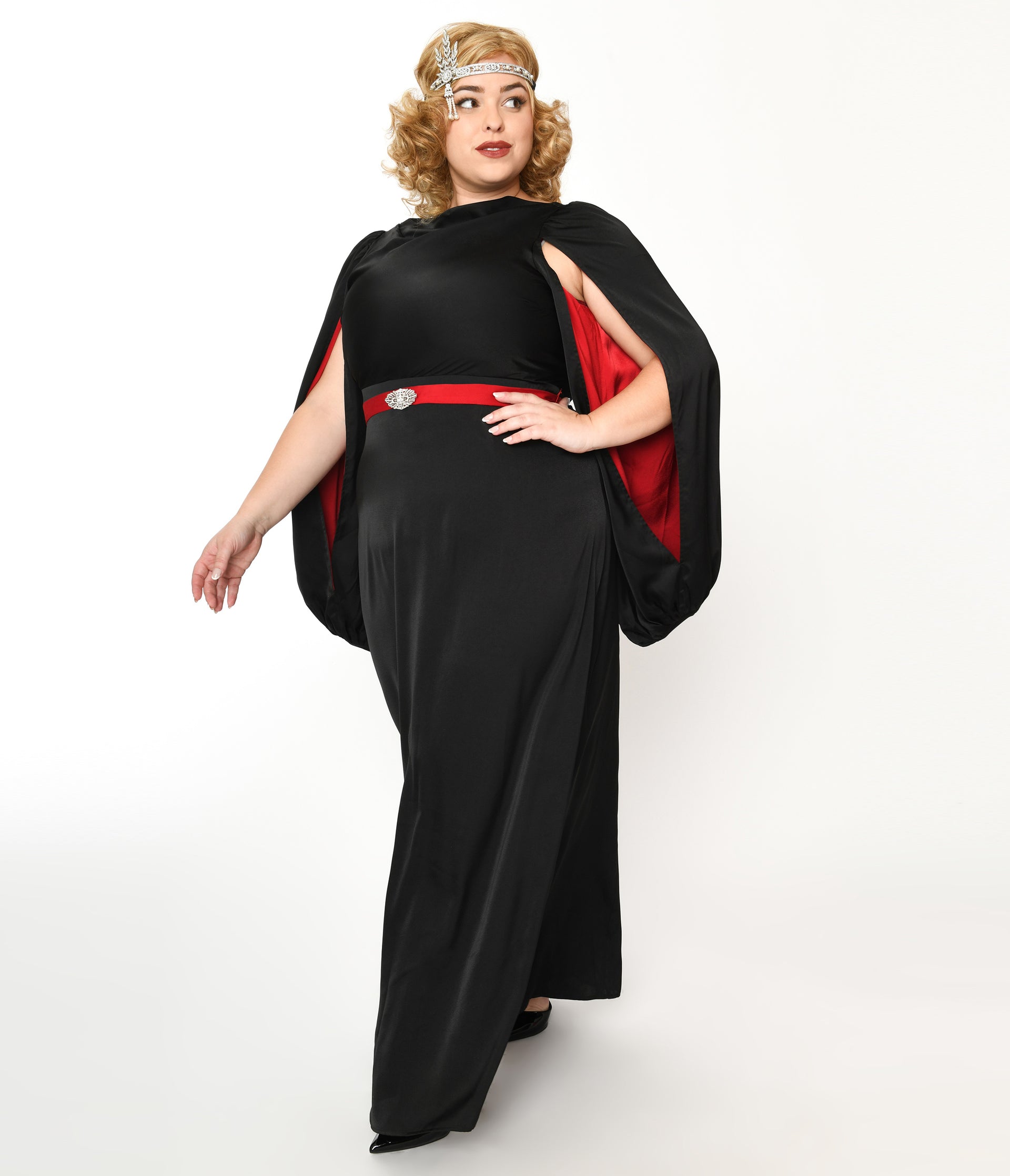 The Great Gatsby x Unique Vintage Plus Size Black Satin & Red Contrast Evening Gown