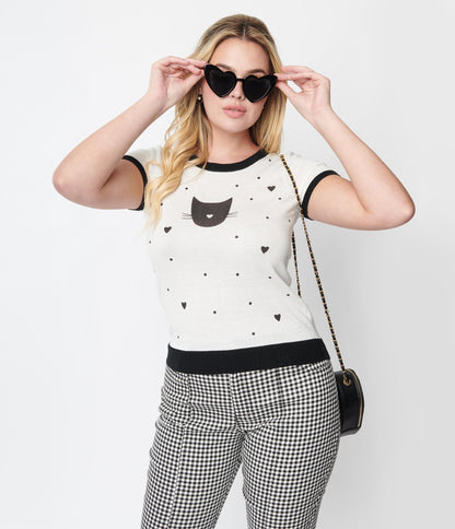 White & Black Kitty Face Sweater