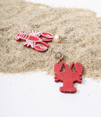 Red Wooden Lobster Drop Earrings