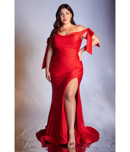 Plus Size Red Off The Shoulder Tie Prom Gown
