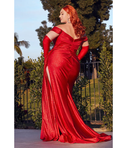 Plus Size Red Shimmering Off The Shoulder Prom Dress with Gloves