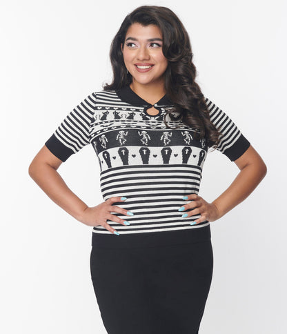 Hell Bunny Black & White Macabre Fair Isle Knit Top