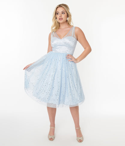 Hell Bunny Light Blue & Silver Stars Infinity Swing Dress