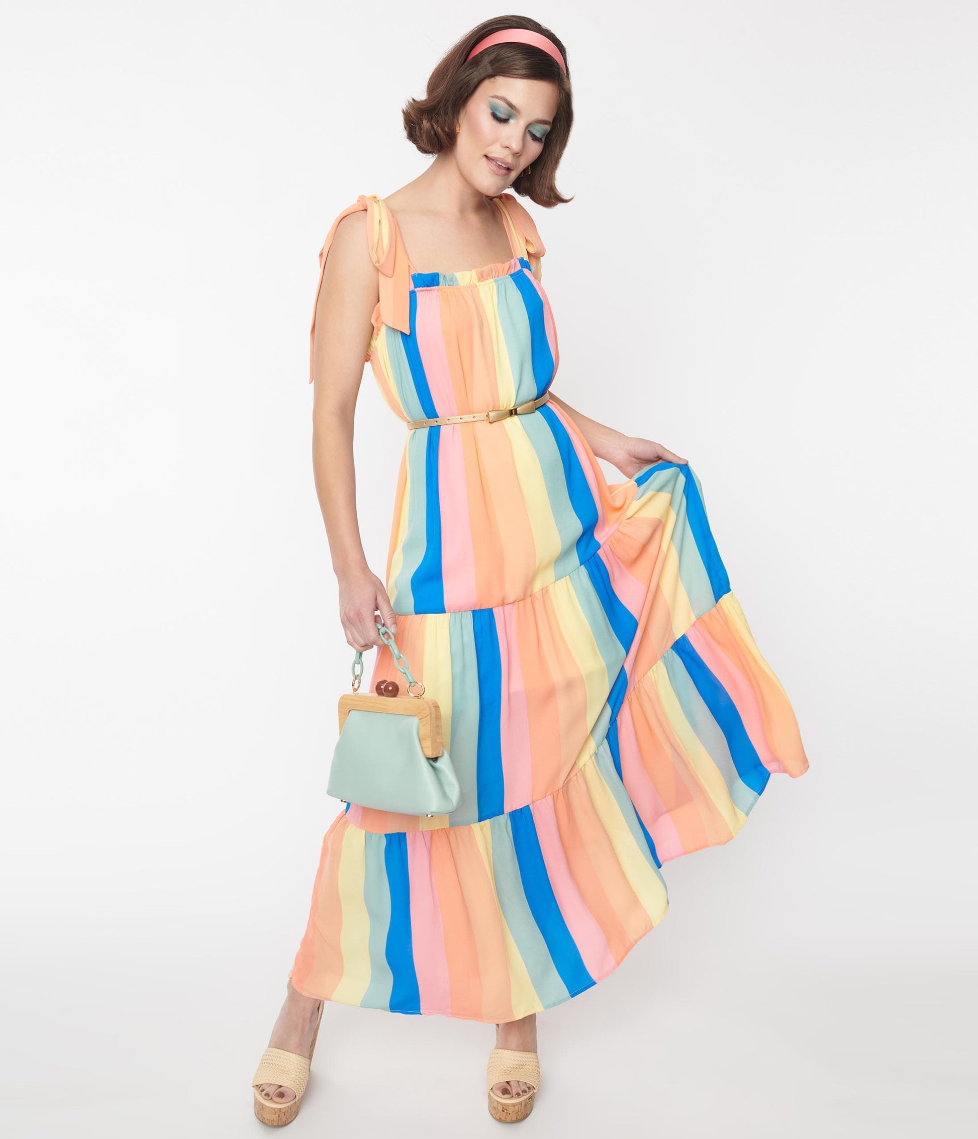 Pastel Rainbow Stripe Tiered Maxi Dress