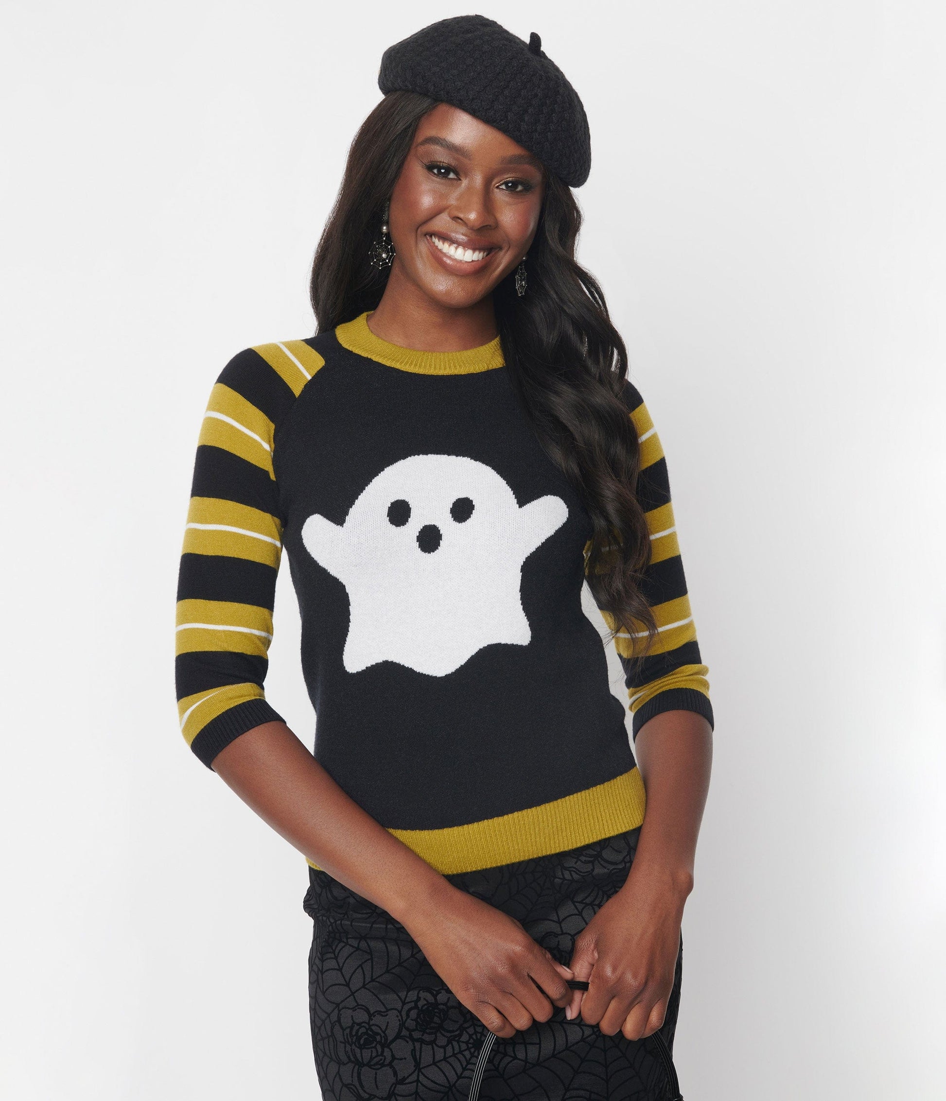 Black & Green Striped Ghosty Boo Sweater | Halloween Sweaters