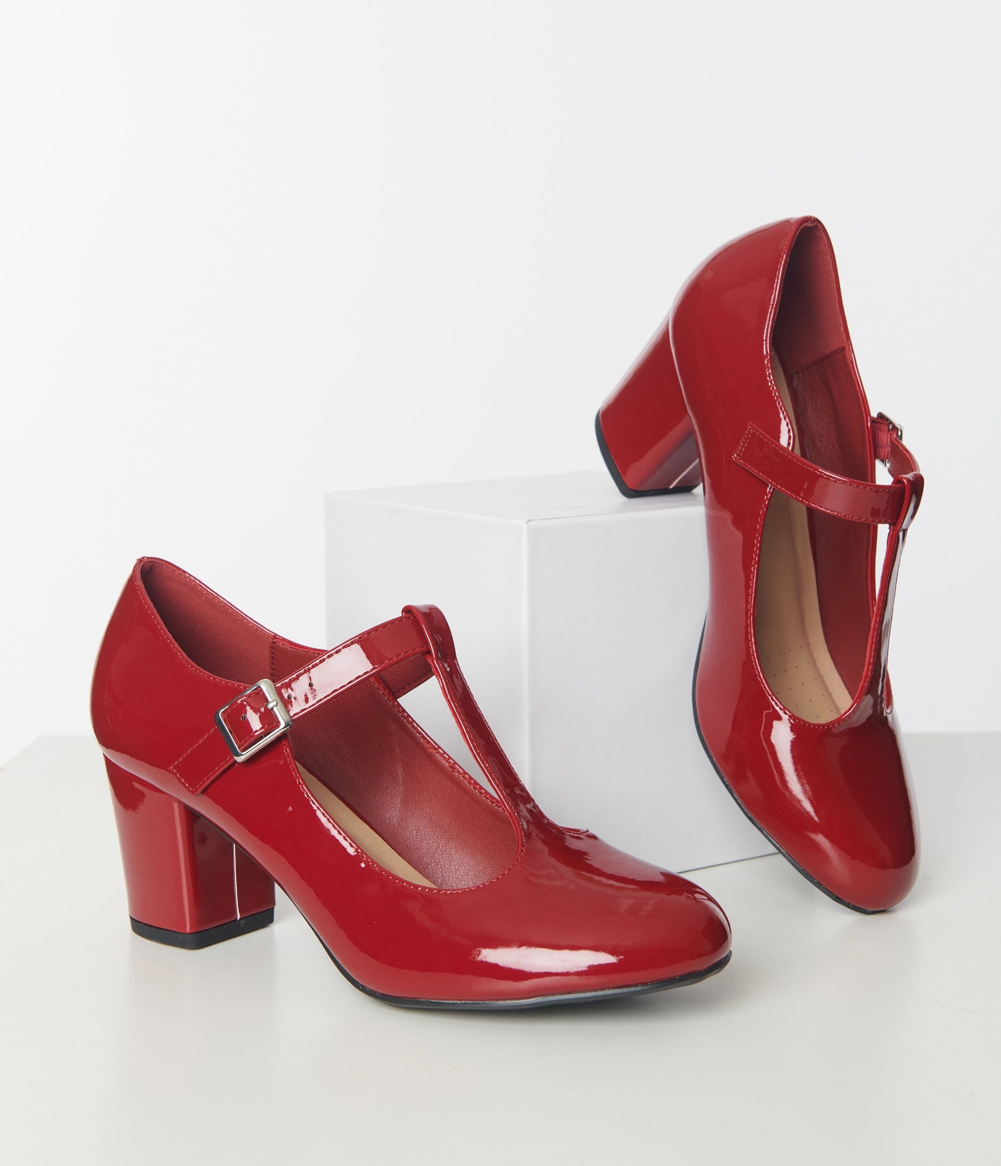 Burgundy Patent T-Strap Mary Jane Heels