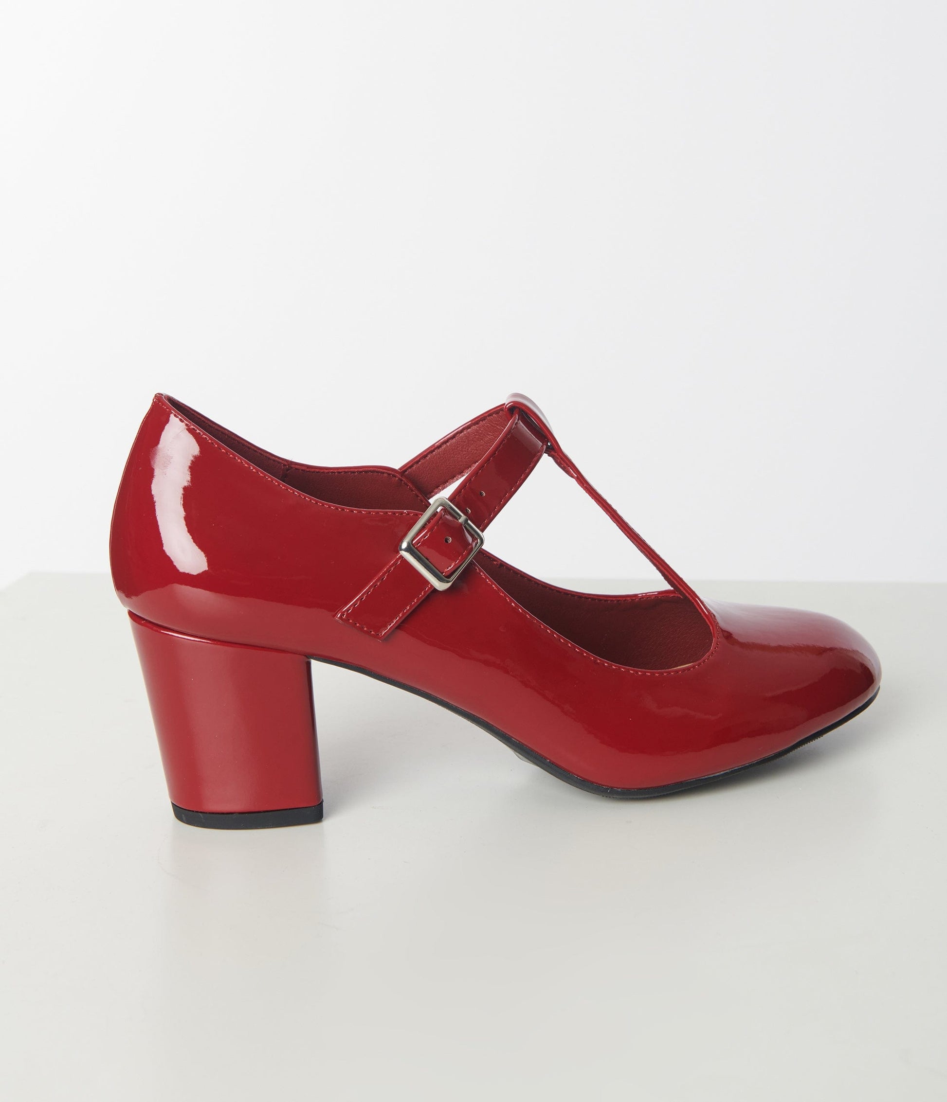 Burgundy Patent T-Strap Mary Jane Heels