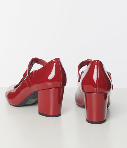 Burgundy Patent T-Strap Mary Jane Heels