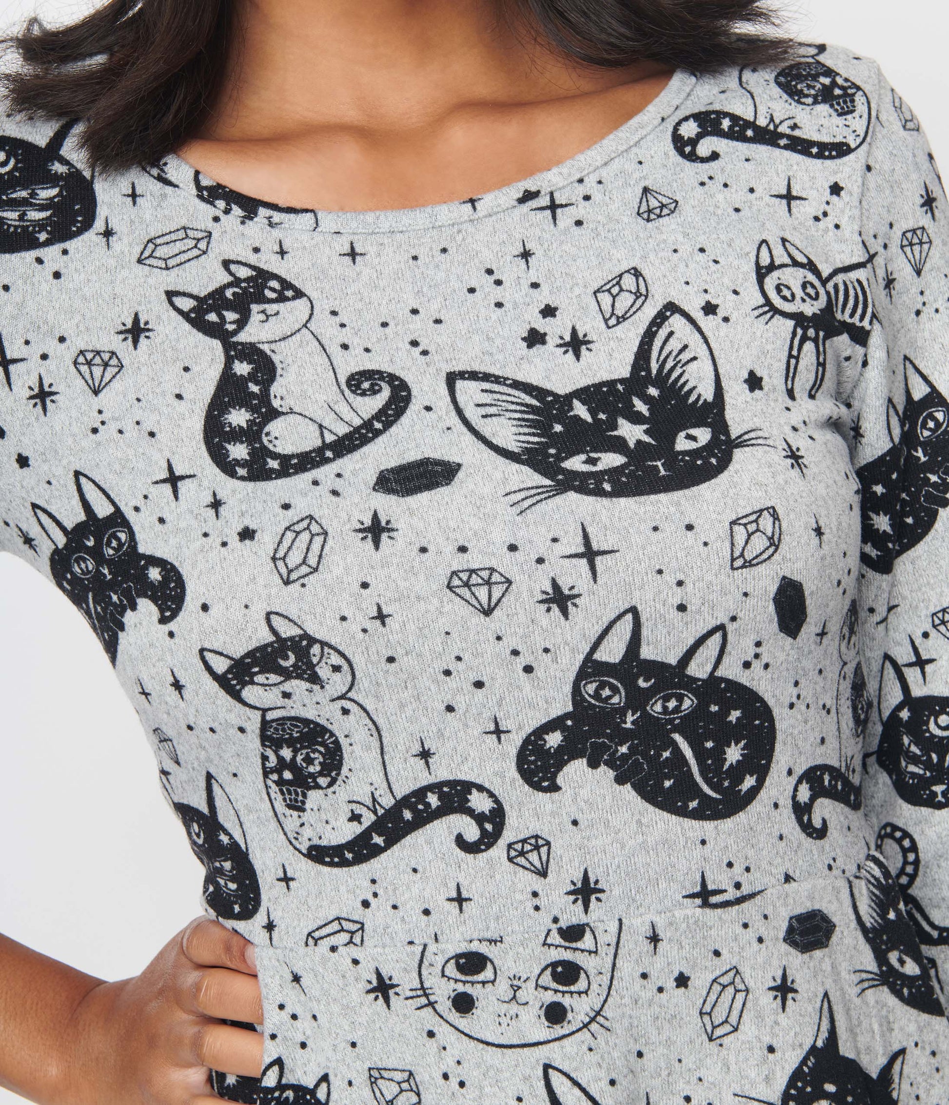 Grey Crystal Cat Print Fit & Flare Dress