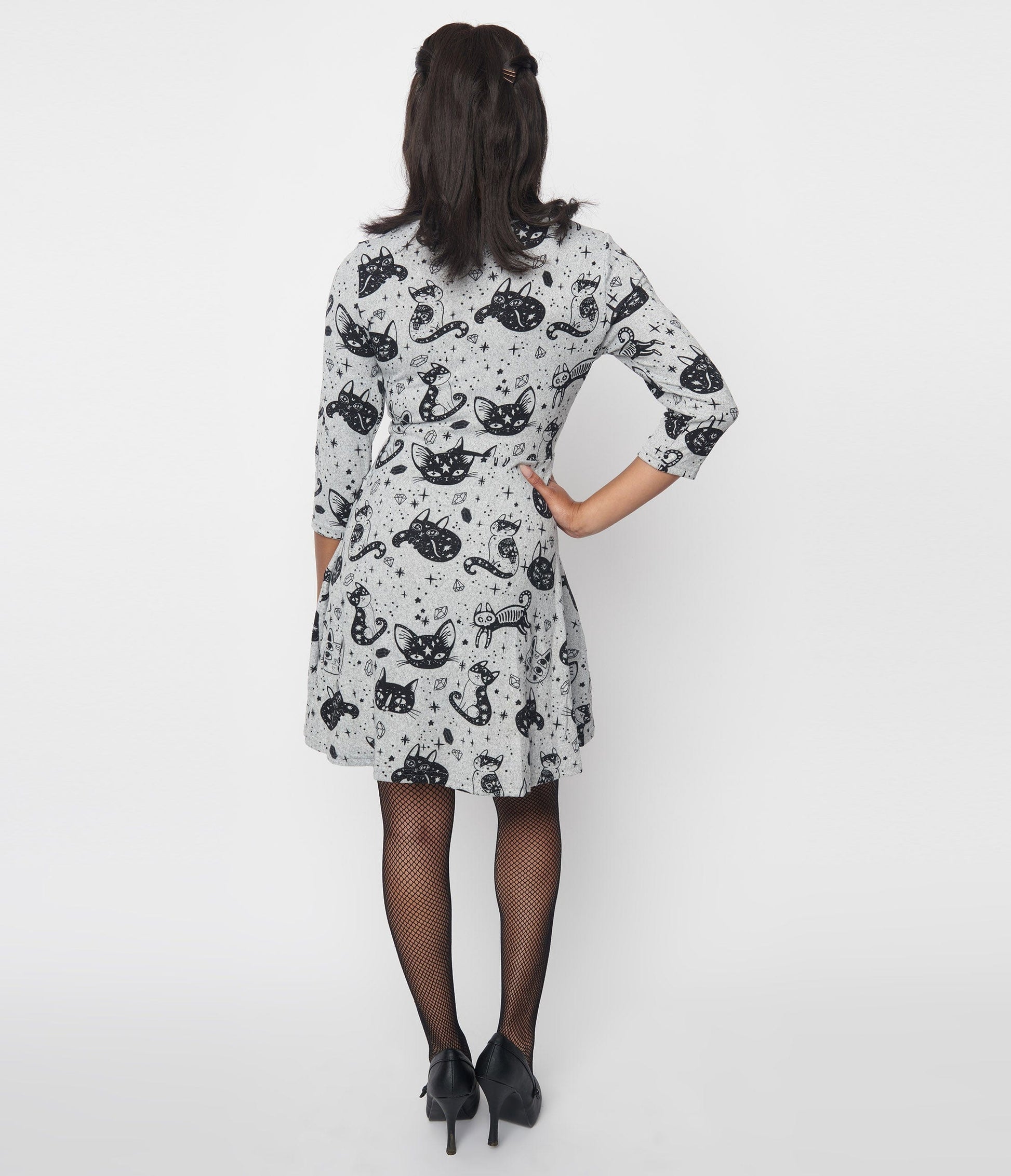 Grey Crystal Cat Print Fit & Flare Dress