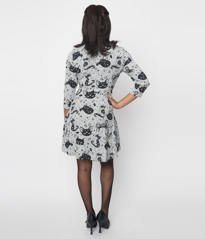 Grey Crystal Cat Print Fit & Flare Dress