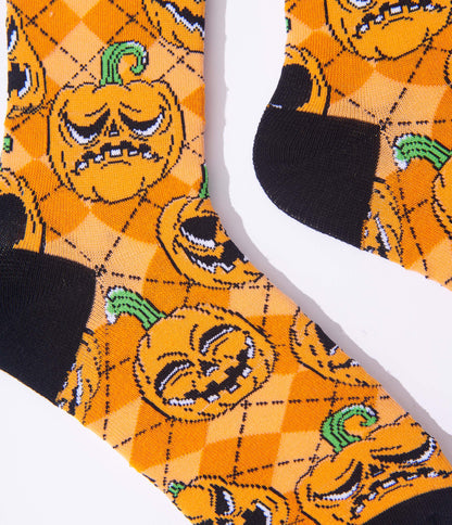 Orange Jack O Lantern Argyle Crew Socks