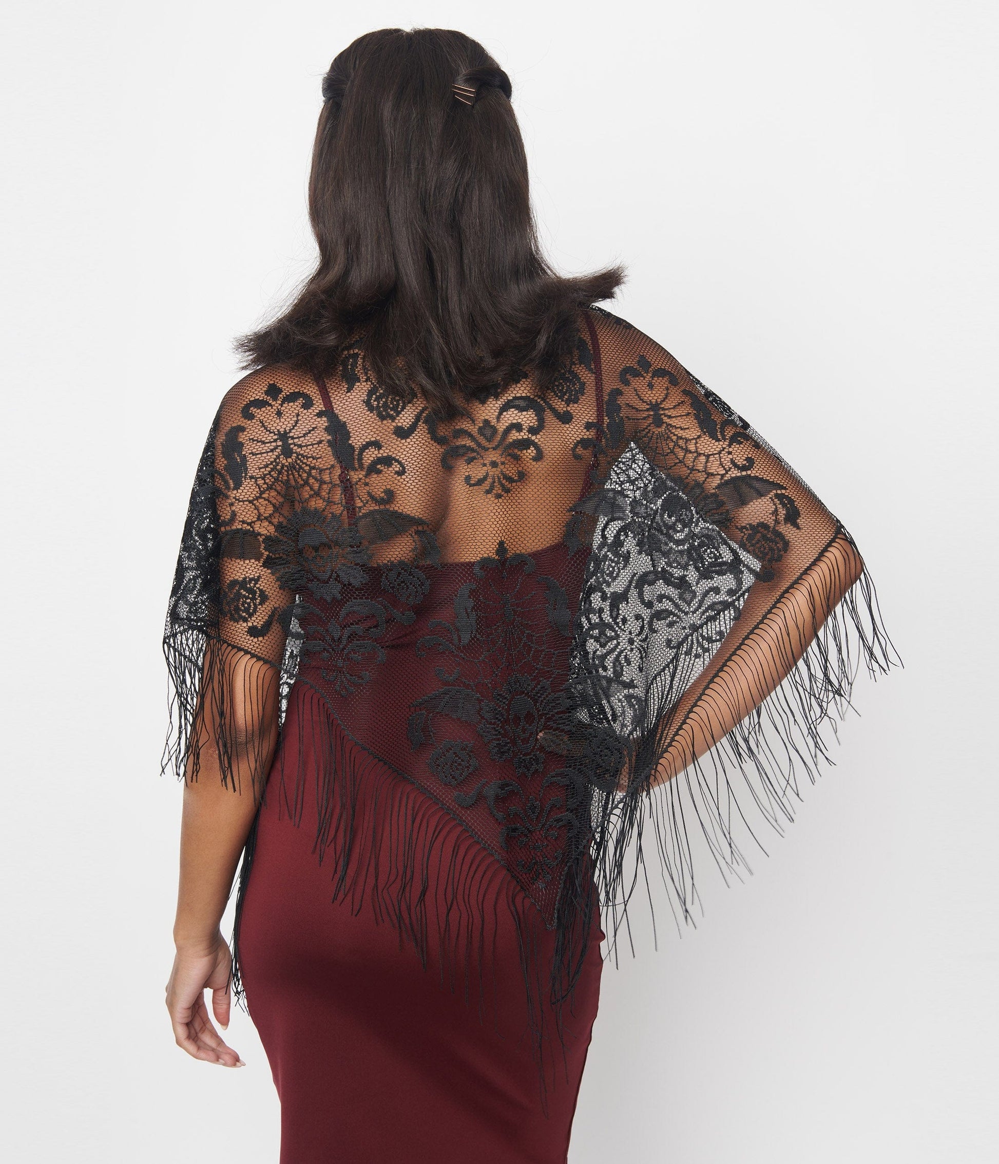 Black Floral Skull Fringe Shawl