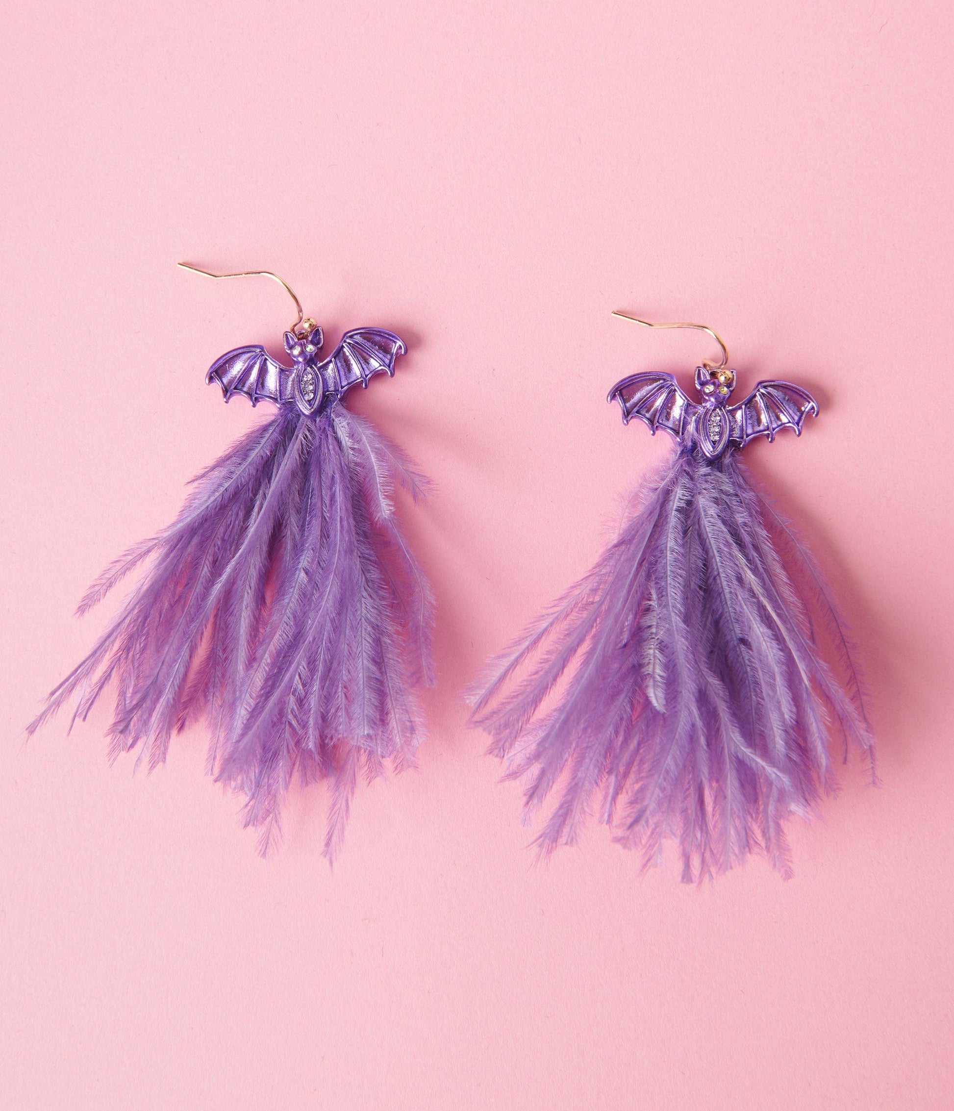 Purple Bat & Feather Tassel Earrings