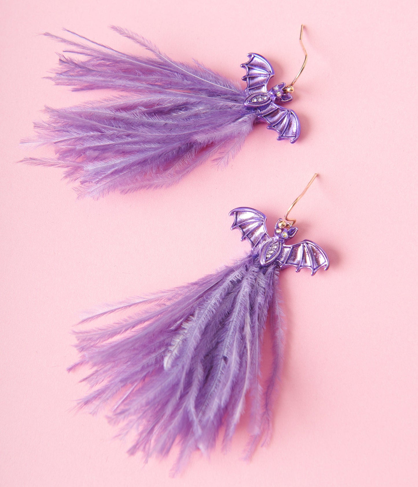 Purple Bat & Feather Tassel Earrings