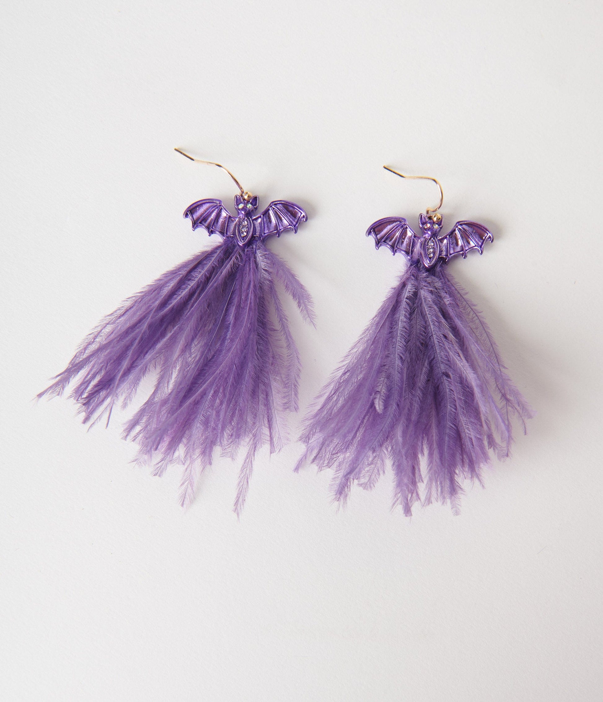 Purple Bat & Feather Tassel Earrings