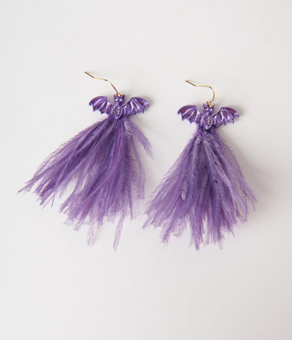 Purple Bat & Feather Tassel Earrings