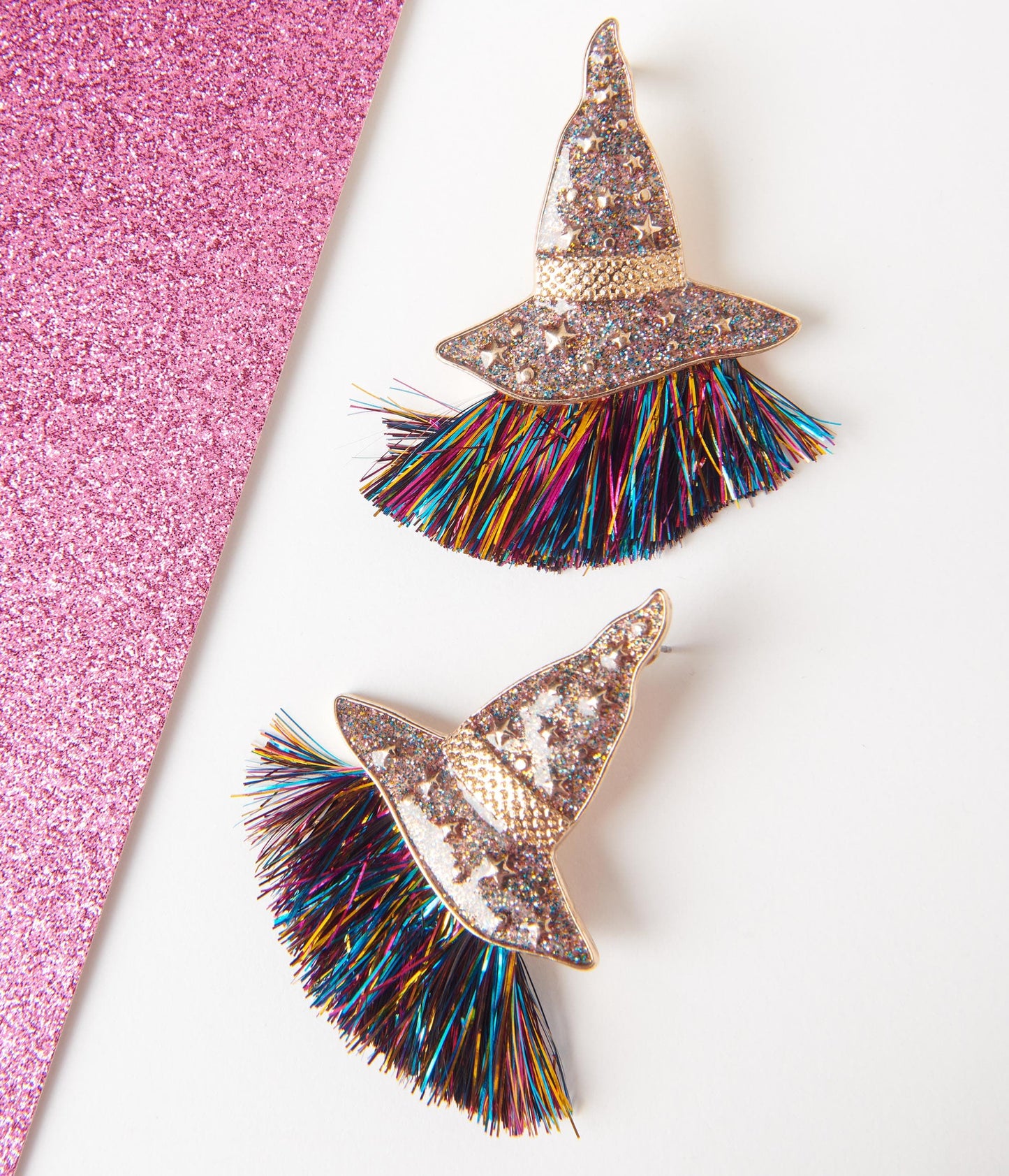 Pink Glitter Witch Hat & Rainbow Tassel Earrings