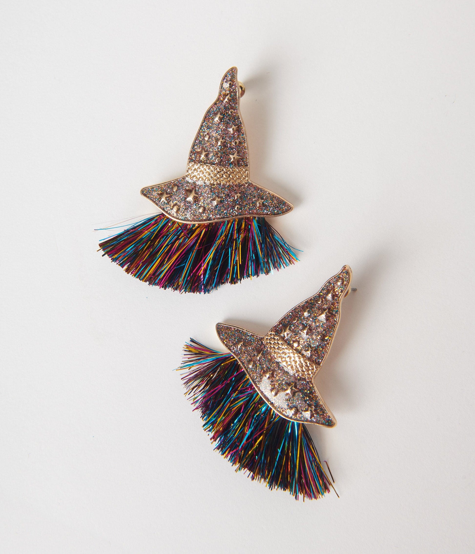 Pink Glitter Witch Hat & Rainbow Tassel Earrings