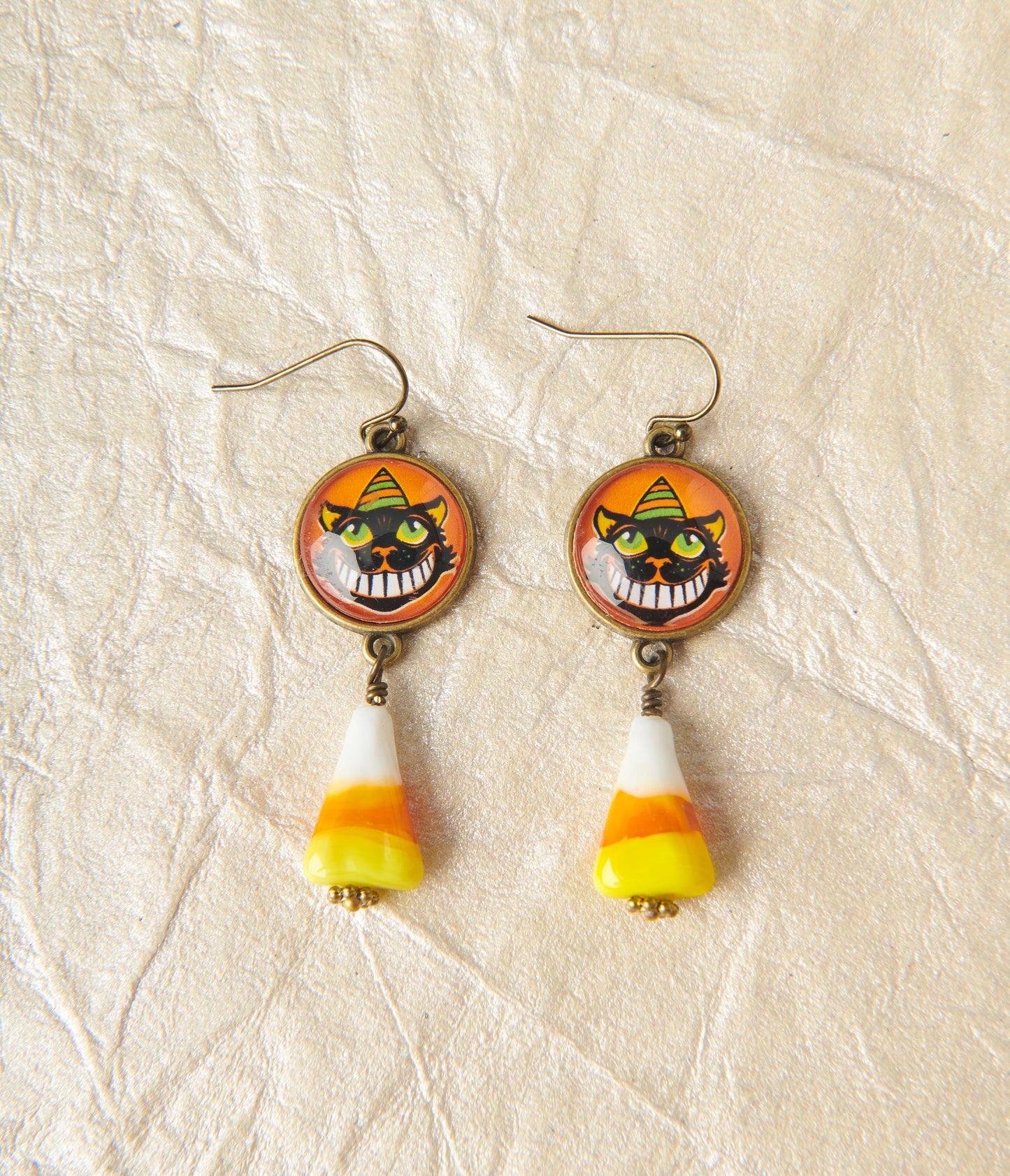 Grinning Black Cat & Candy Corn Drop Earrings