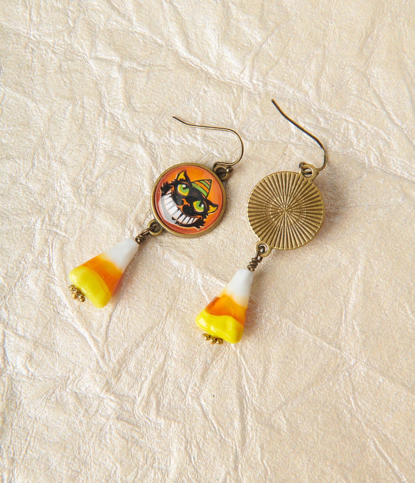 Grinning Black Cat & Candy Corn Drop Earrings
