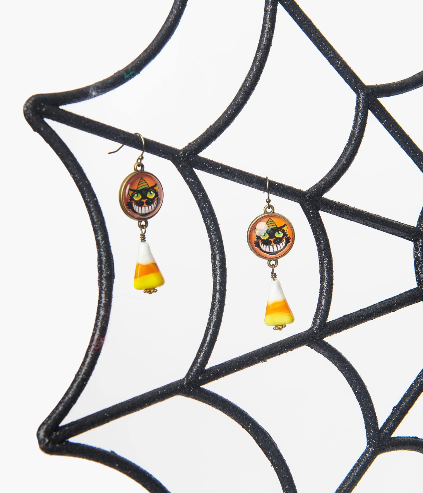 Grinning Black Cat & Candy Corn Drop Earrings