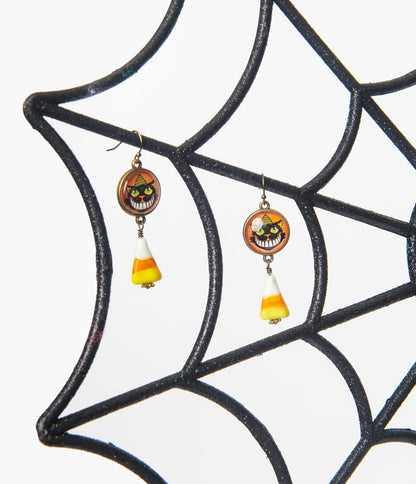 Grinning Black Cat & Candy Corn Drop Earrings