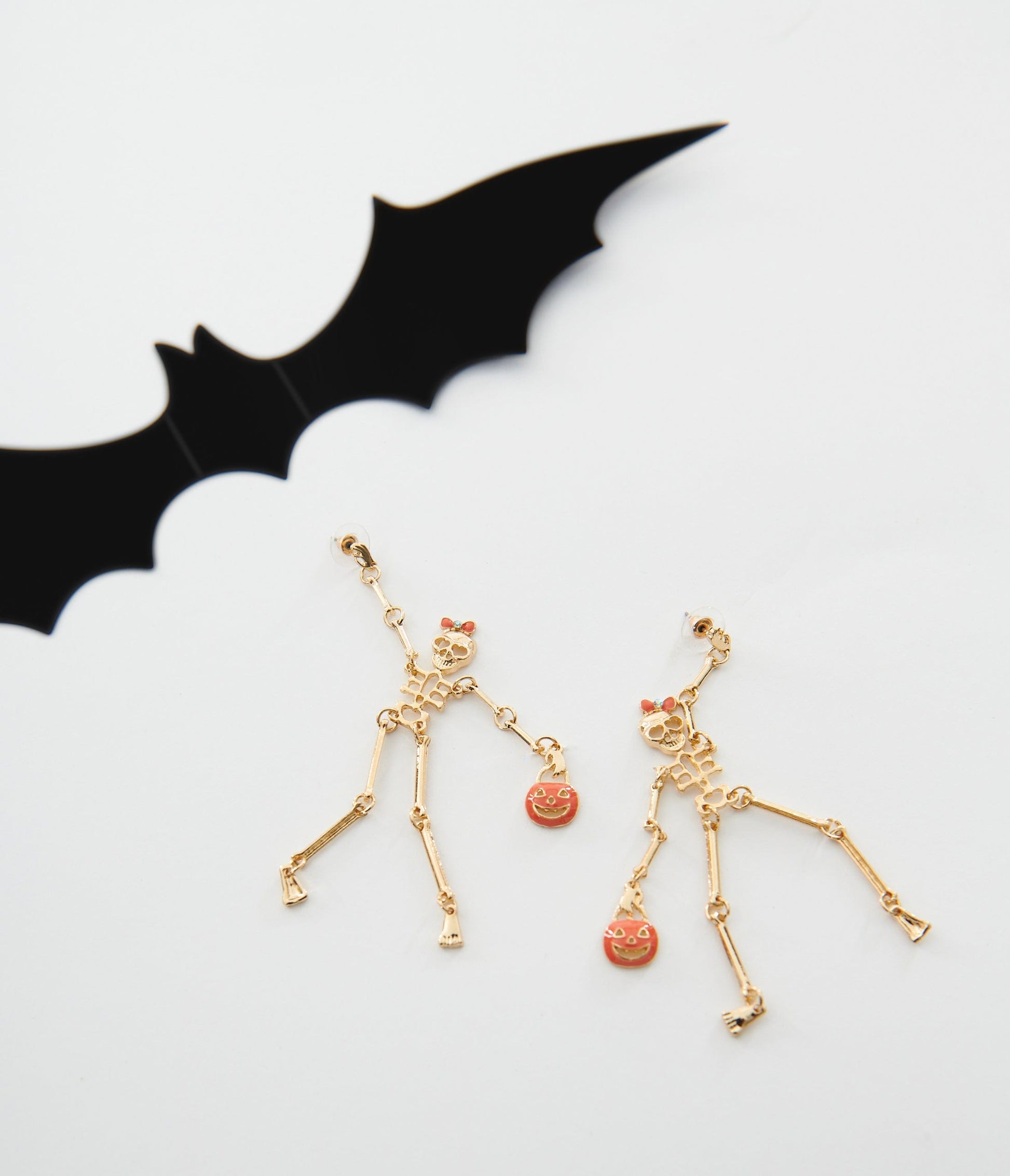 Gold Trick or Treating Skeleton Drop Earrings