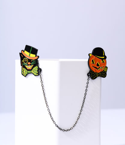 Retro Cat & Pumpkin Collar Enamel Pin Set