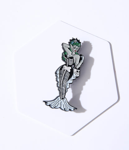 Retro Skeleton Mermaid Pinup Babe Enamel Pin