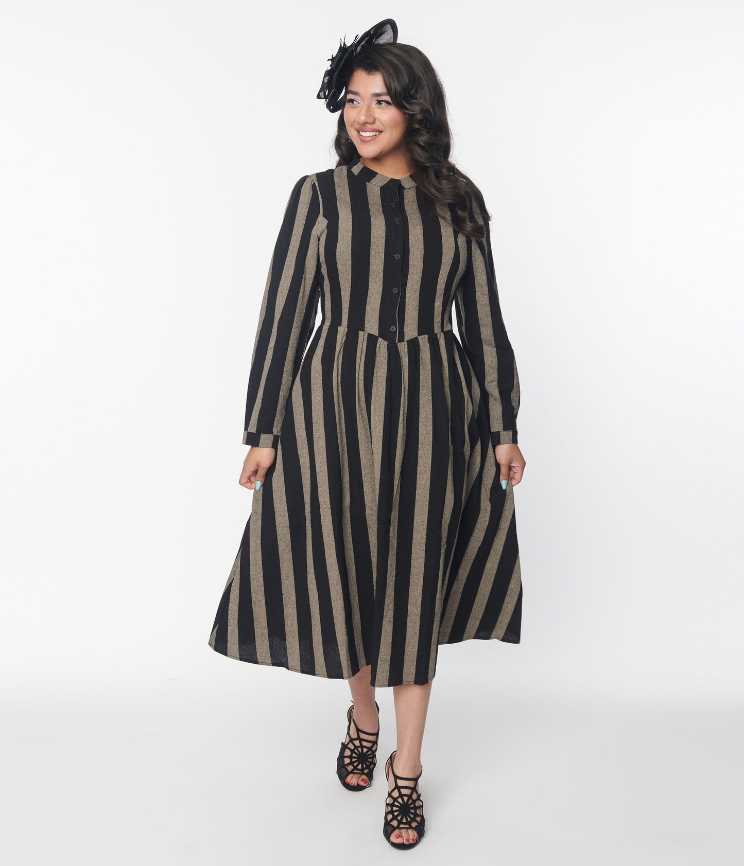 Black & Grey Striped Midi Dress