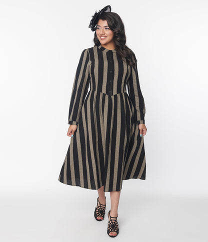 Black & Grey Striped Midi Dress