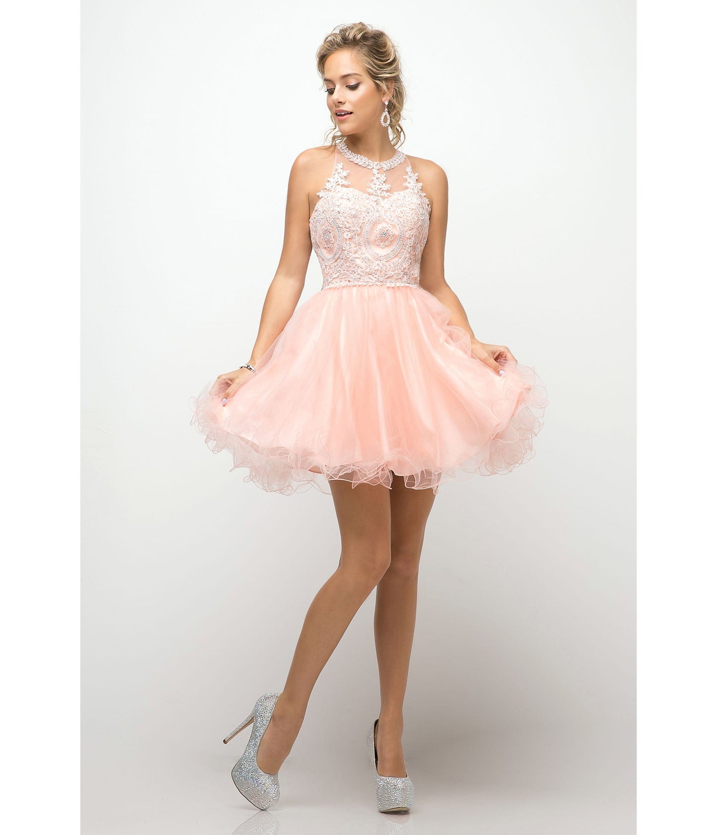 Blush Beaded Lace Ballerina Homecoming Dress