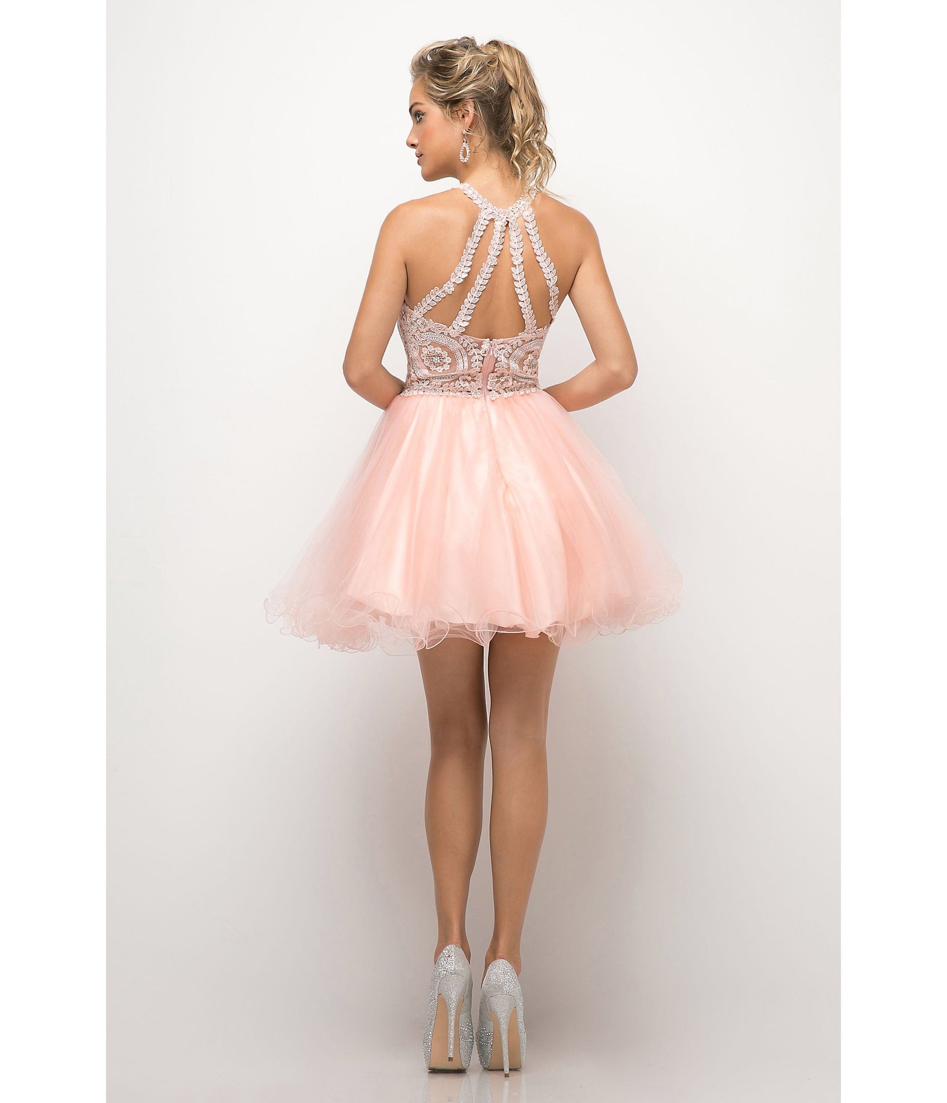Blush Beaded Lace Ballerina Homecoming Dress
